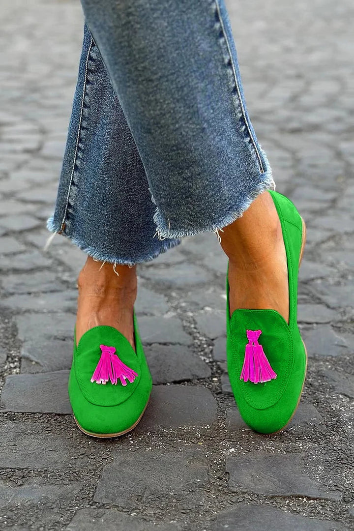 Molly | Green Velvet Loafer with Fuchsia Tassel