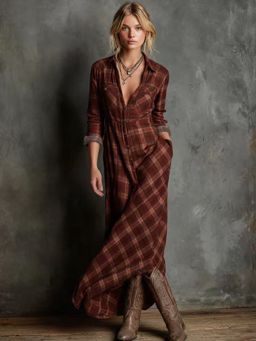 Wild Prairie Plaid Maxi Shirt Dress