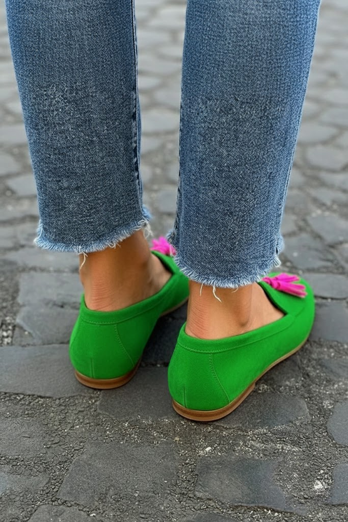 Molly | Green Velvet Loafer with Fuchsia Tassel
