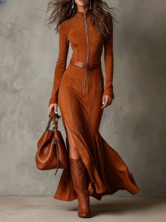 Verdant Grace | Belted Zip Maxi Dress